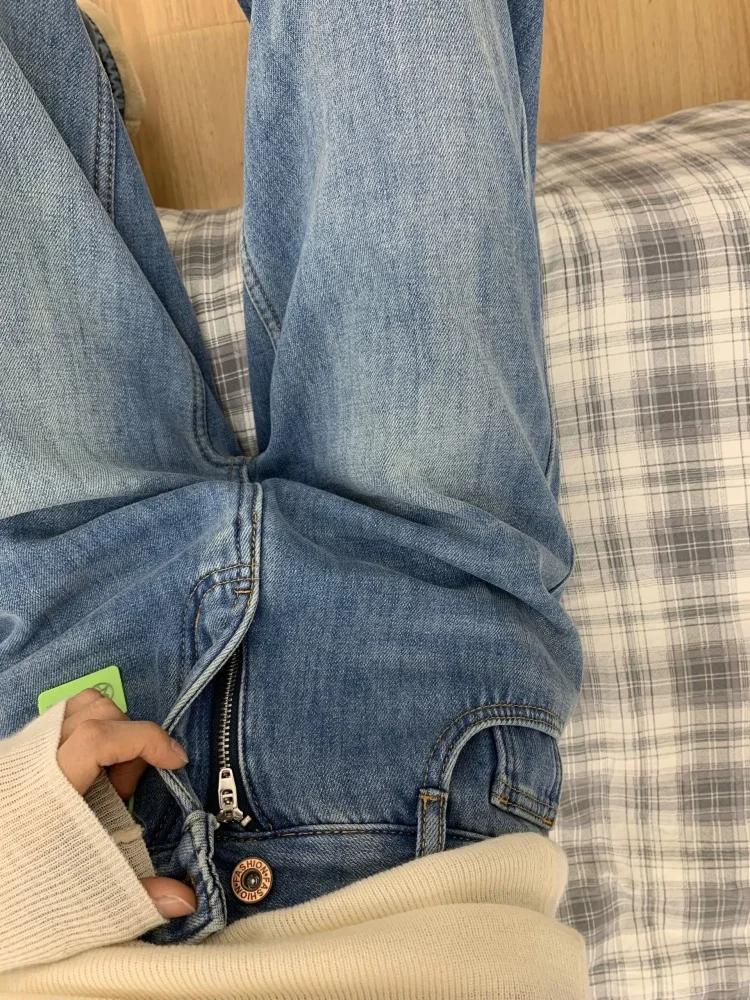 بنطال جينز ريترو Fce واسع الساق للنساء على شكل كمثرى مقاس كبير بخصر عالٍ للتخسيس وفضفاض مستقيم بطول الأرض