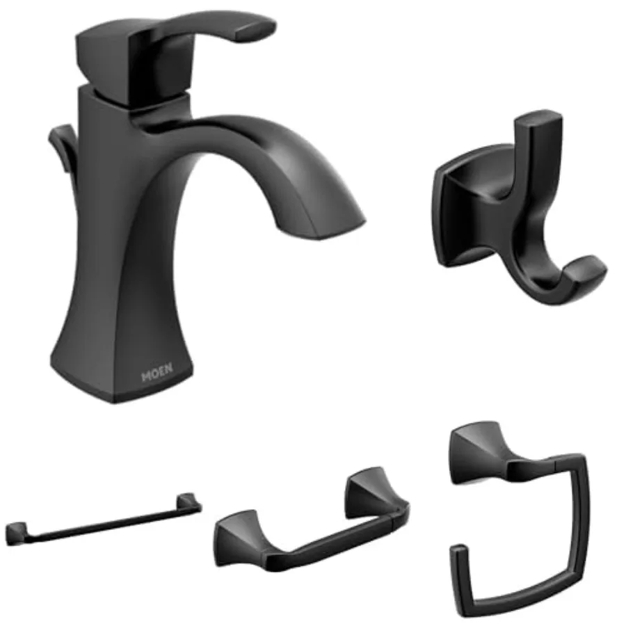 

Матовый черный набор для ванной комнаты для современных санузлов с однорычажным смесителем 6903BL, двойным крючком для халатов, кольцом для полотенец, поворотным держателем для туалетной бумаги