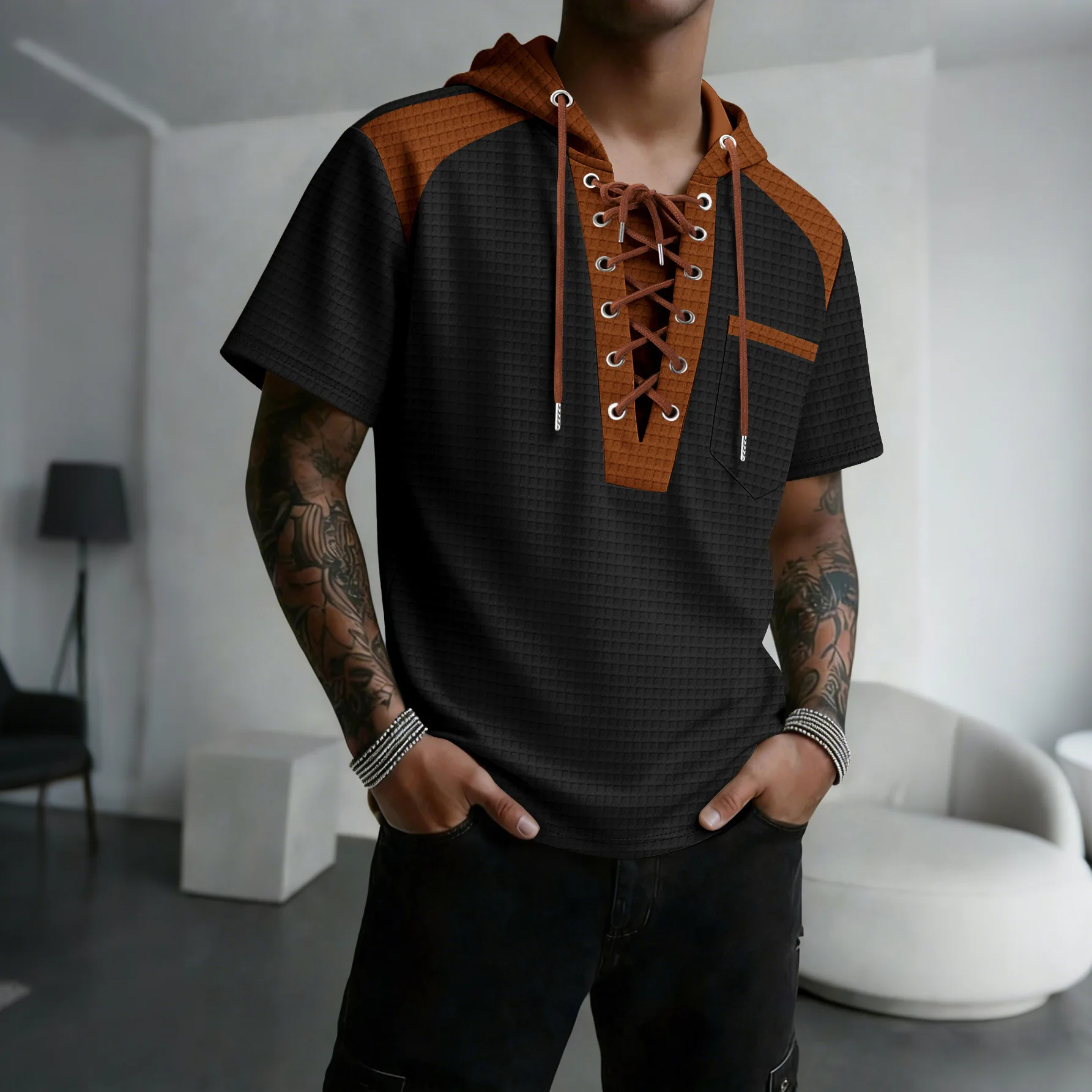 

Men's retro waffle knit short-sleeved hooded shirt (with drawstring collar, V-neck, contrasting color, casual street style T-shi