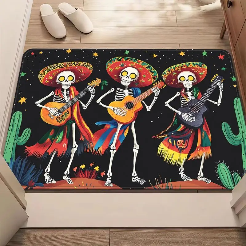 VIKAMA Day of The Dead Doormat Mariachi Skeleton Guitar Cactus Pattern Non‑Slip Floor Mat Indoor Outdoor Festival Entrance Decor