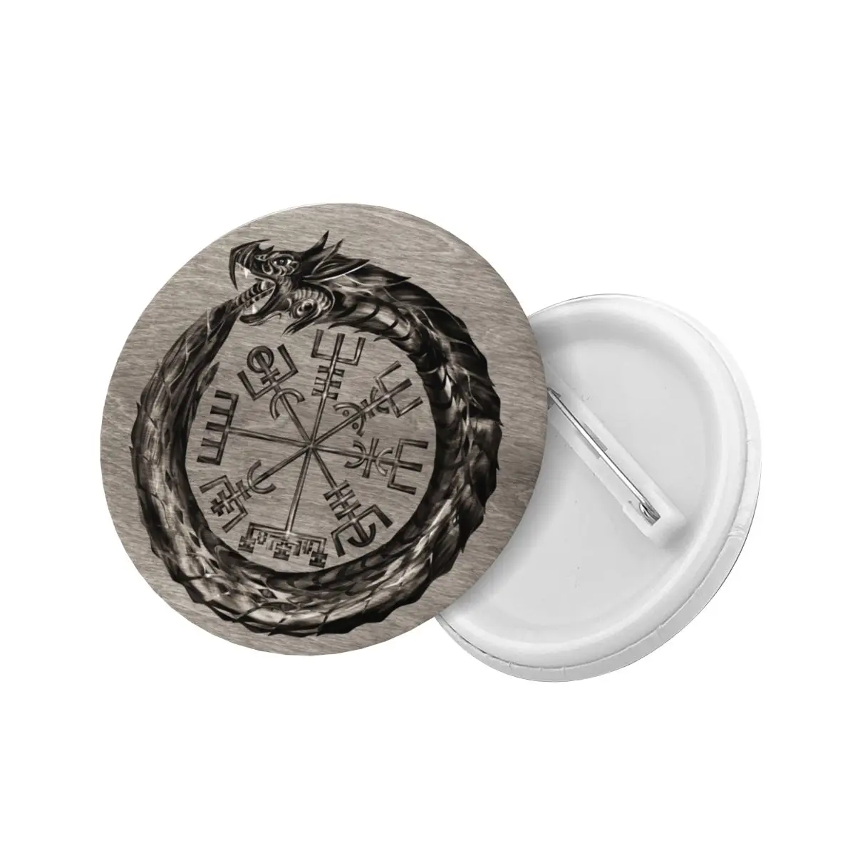 Ouroboros With Vegvisir Round Button Pin for Bags Customizable Norse Dragon Viking Compass Pinback Badges Brooches