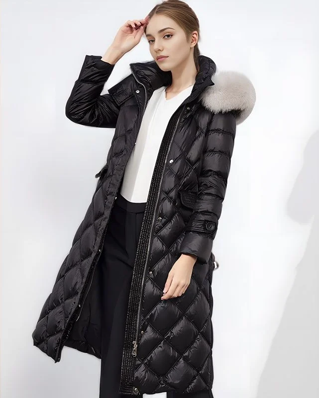 Winter New European Fashion Big Plush Neck Down Coat Women Mid Length Windproof Hood Slim Fit Warm Lace Up White Duck Down Coat