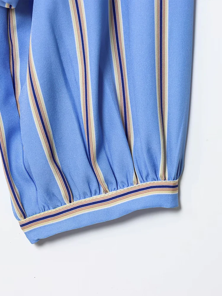 European style new women's fashion versatile temperament bow-decorated striped poplin long-sleeved shirt