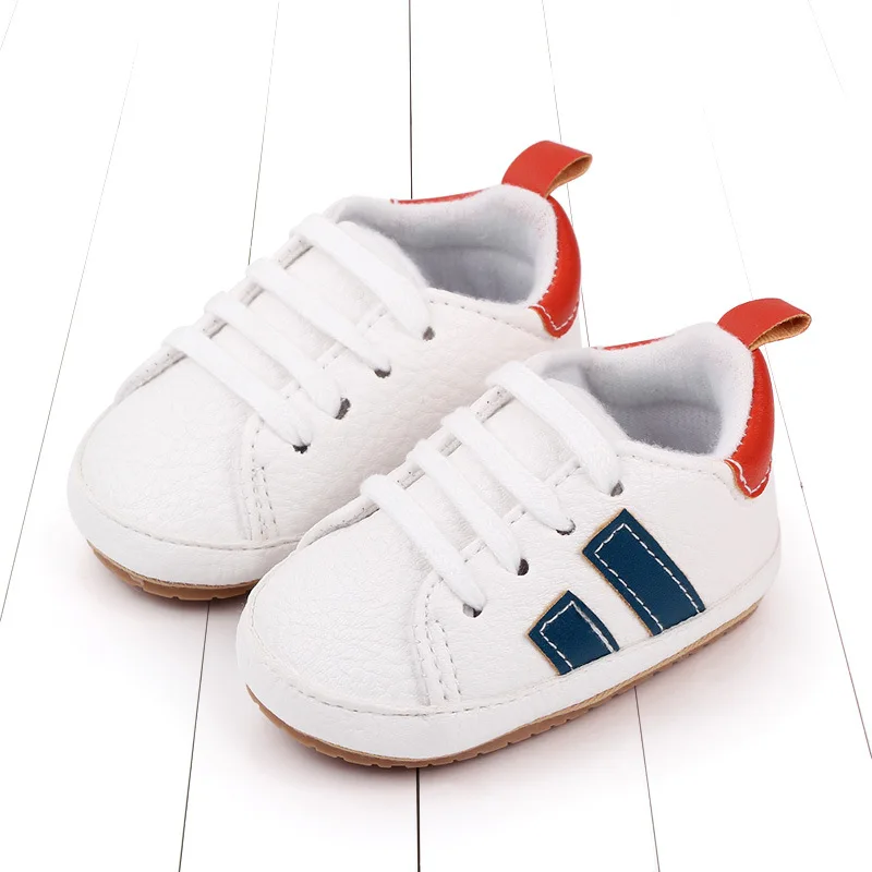 

Striped Baby PU Leather Casual Sneakers Toddler Shoes Newborn Non-slip Rubber Sole Lace-up Infant Boy Girl Shoes