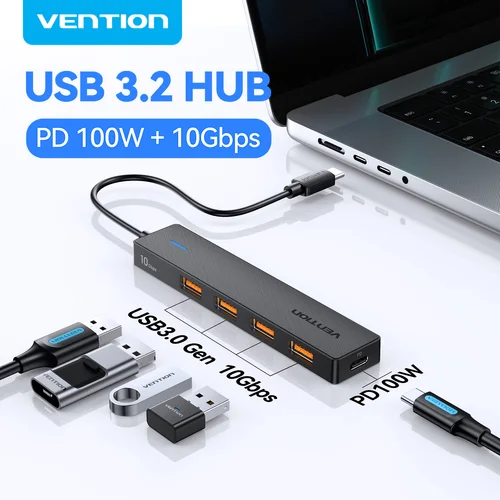 Vention 2025 USB 3,2 Gen2 HUB 10Gbps PD100W carga USB A tipo C 5 puertos divisor adaptador multipuerto para Macbook Pro Air portátil