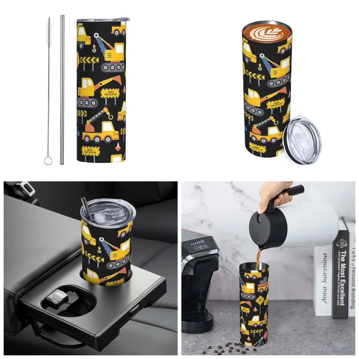 Road Work Under Construction Transportation Pattern Blue Stainless Steel Tumbler Mug Thermal Cold Cups Straws With Lid 20oz
