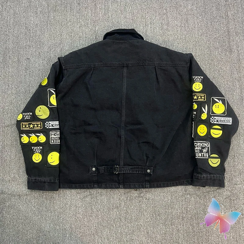 24ss Winter Heavy Industry Embroidery Yellow Face Kapital Jacket Removable Lining High Street Casual Denim Coats Men Women