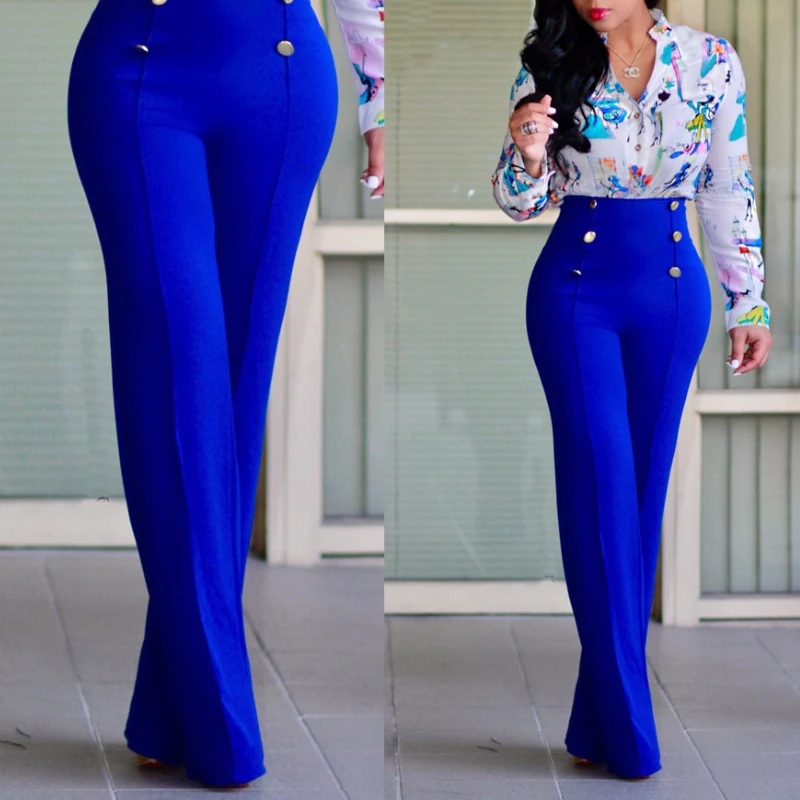 

2025 New Women's Fashion Slim-fit High-waisted Personalized Double-breasted Flared Trousers Techwear Women