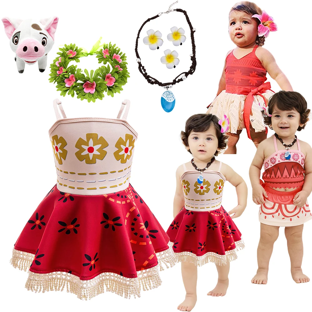 Movie Character Baby Girls Moana 2 Costume Childhood Moana Dress Up Pua Pig Dolls Fancy Toddler Princess Dress Bohemia Beachwear