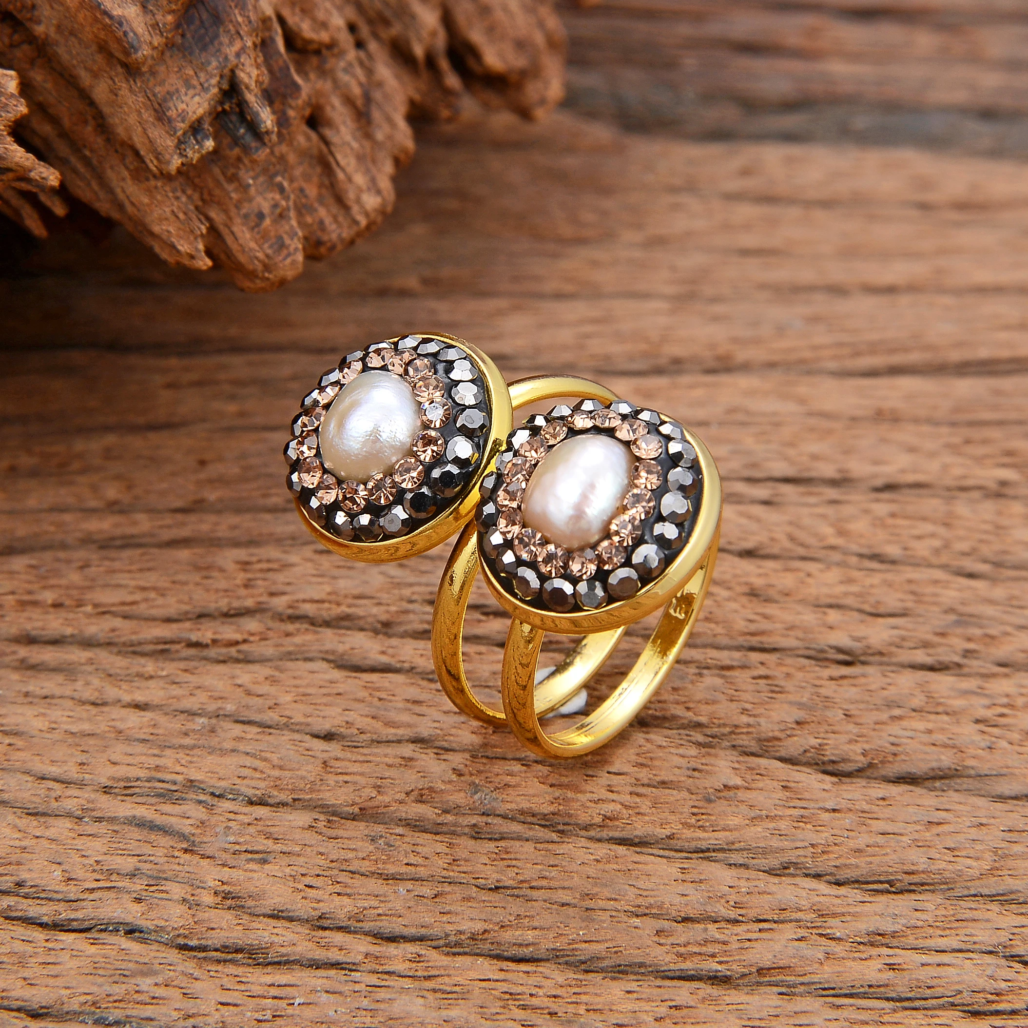 Bohemia Natural Baroque Pearls Double Round Ring Female Simple Unique Design Handmade Rhinestone Ring Fashion Adjustable Jewelry