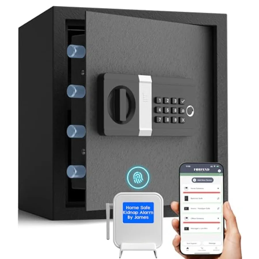 

FORFEND Smart Fingerprint Safes for home office use, steel construction, black finish, WiFi app unlock with voice command, kidn