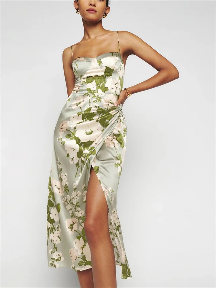 

2024 Summer Women Lace-Up Slit Satin Sling Dress Floral Print Sleeveless Zipper Off-Shoulder Female Slip Midi Robe