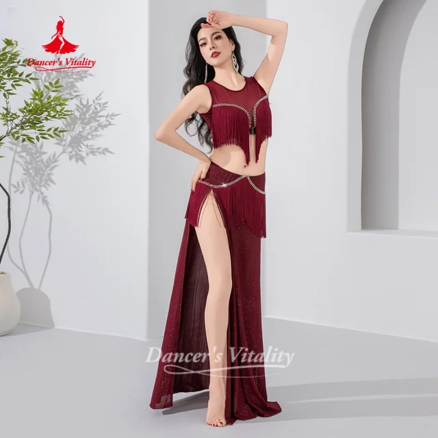 falda de danza del vientre con abertura y conjunto de 2 piezas