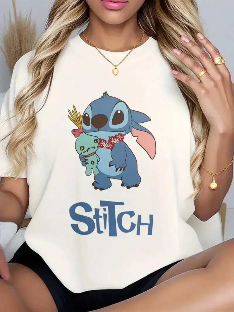 

2025 Disney Pattern Printed Women's Casual Comfortable Unique Smiling Face Black Round Neck Short Sleeve T-shirt