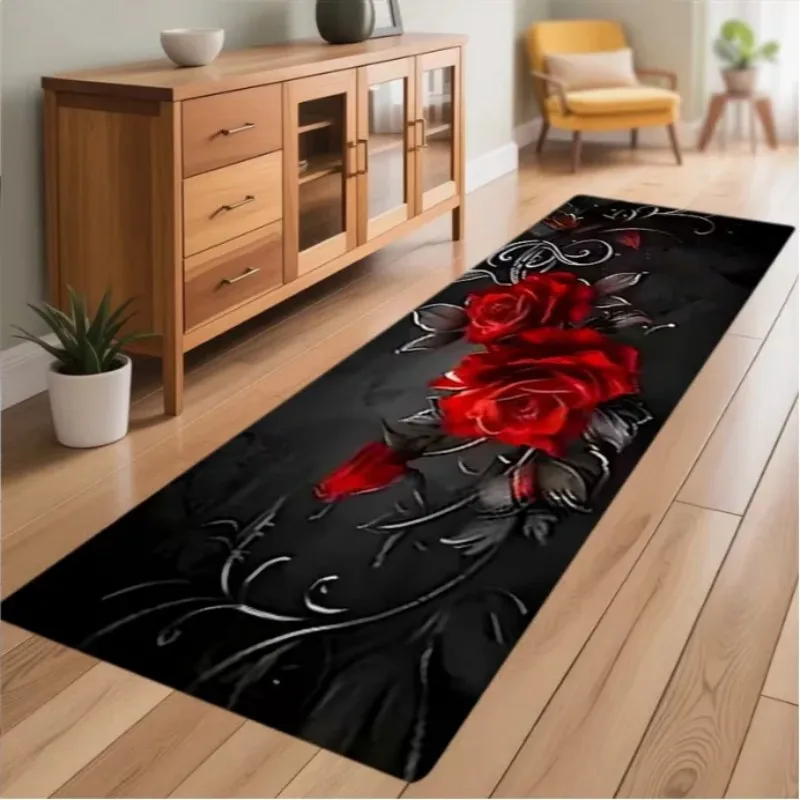 Non-slip Washable Black Red Rose Runner Rug for Kitchen Bedroom Gothic Decor