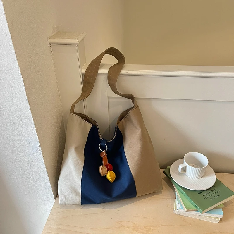Color Block Canvas Shoulder Bag Women Large Capacity Tote Bag Casual Fruit Pendant Sling Bag Ladies Daily Shopping Handbag