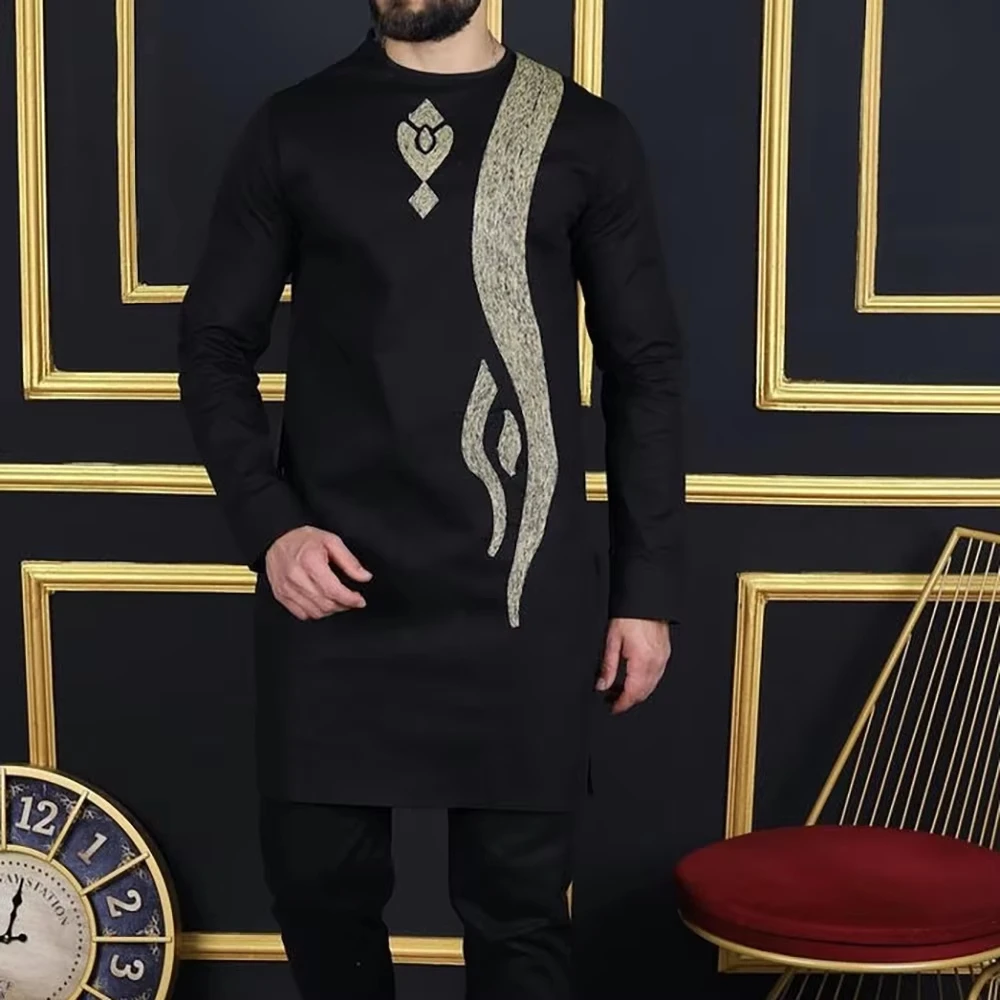 Traje caftán de verano para hombre, Top de manga larga con cuello redondo, pantalones, traje tradicional redondo africano, estilo nacional, novedad