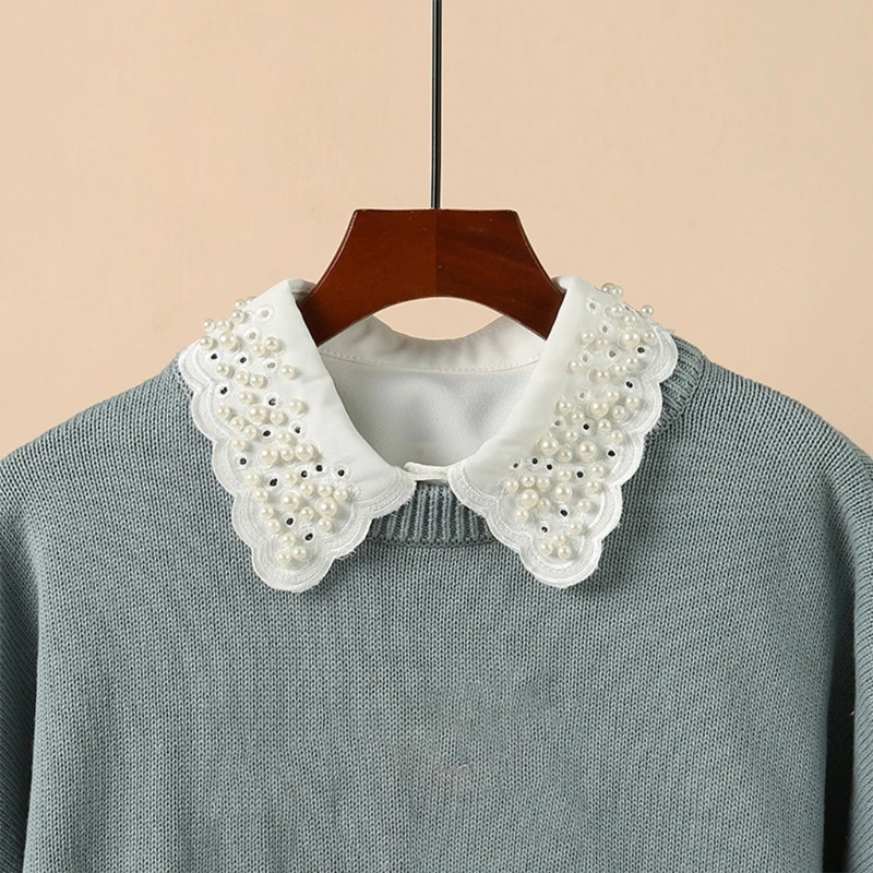 

Korean Imitation Pearl Beaded Fake Collar for Women Detachable White Dickey Blouse Hollow Out Embroidery Scalloped DXAA