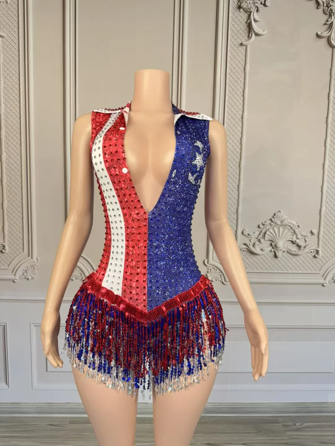 Classic Sparkly Rhinestone Sequins Tassel Bodysuit Stage Cheering Squad Wear gig Concert Party Outfit V Neck Bodysuit Honglan