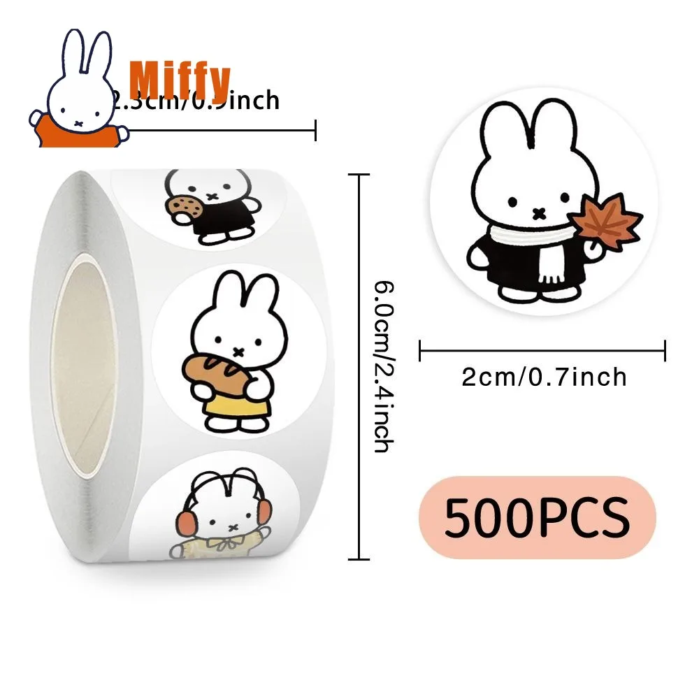 Kawaii Miffy Stickers Cute Rabbit Labels 500pcs Roll Waterproof Round Stationery Scrapbooking Laptop Mug Envelope Decor Gift