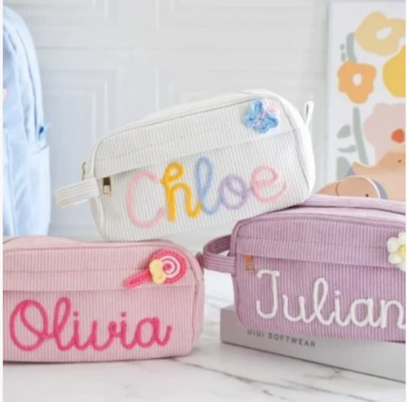 Bolsa de maquillaje de pana bordada hecha a mano personalizada, lápiz labial, joyería clave, monedero, bolsa de maquillaje