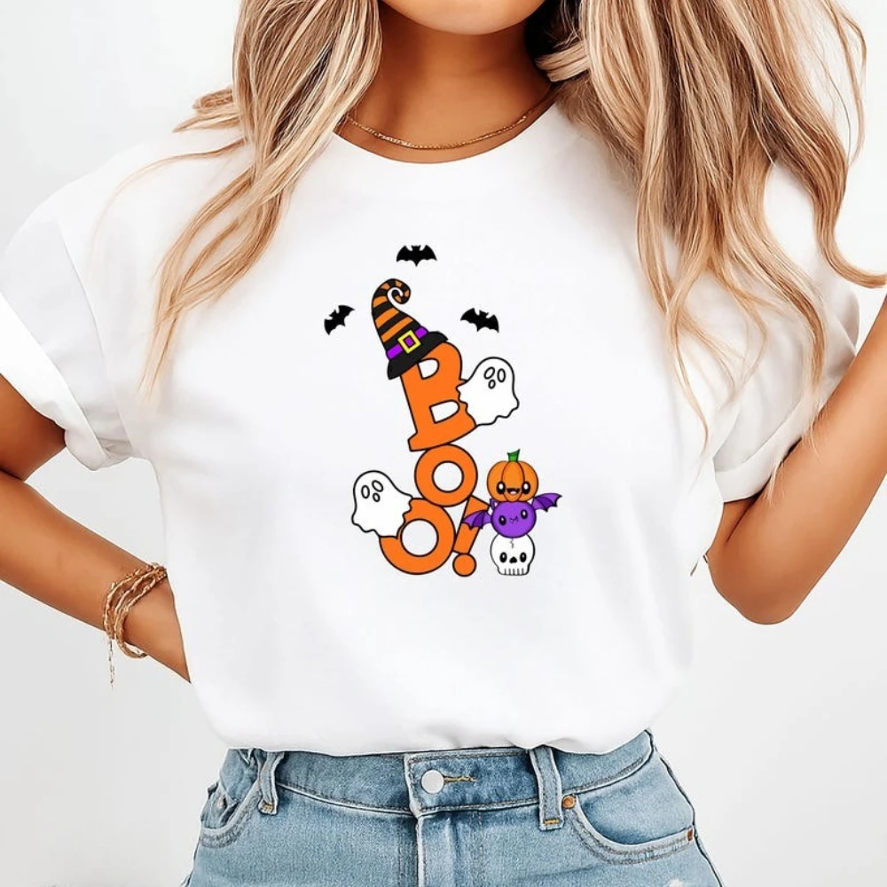 Boo Halloween Cute Ghost Pumpkin Graphic Tshirts Spooky Season Style Fashion Print Shirt Unisex Cotton Casual Halloween Gift Tee