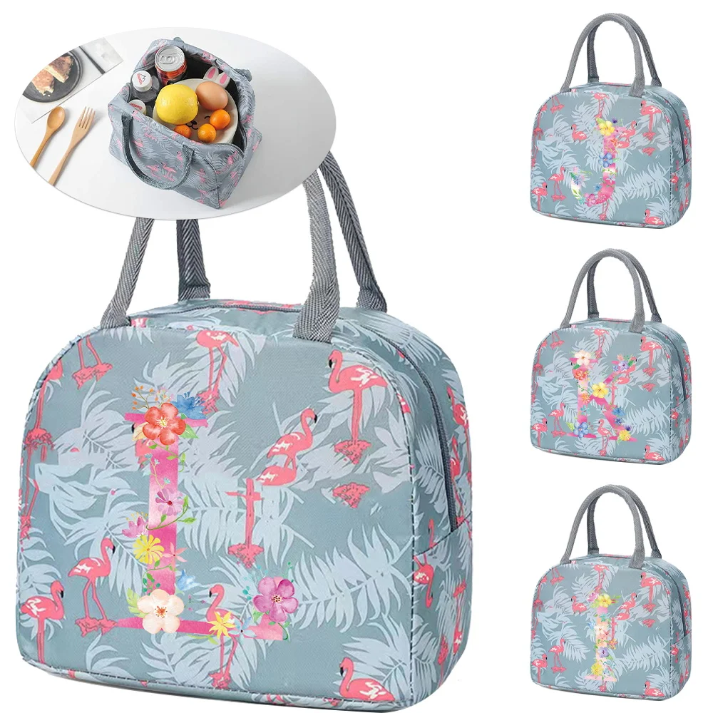 Bolsa de almuerzo escolar de dibujos animados para niños, fiambrera con aislamiento de animales, bolso de mano de flamenco, organizador de pícnic al aire libre, serie Lertter rosa, Printin