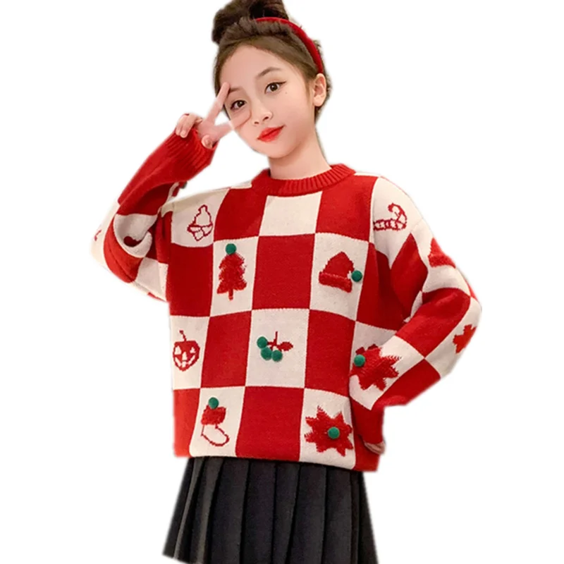 

Children Christmas Sweater for Girls Red White Plaid New Year Knitwear Costume Kids Party Pullover Knitted Clothes For Teenager