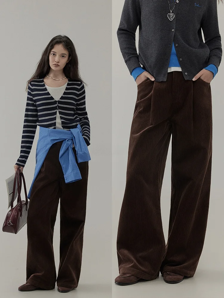 

Коричневые вельветовые брюки свободного кроя с прямыми штанинами, женские повседневные брюки с высокой талией и широкими штанинами, осенняя новинка, стройнящие длинные брюки