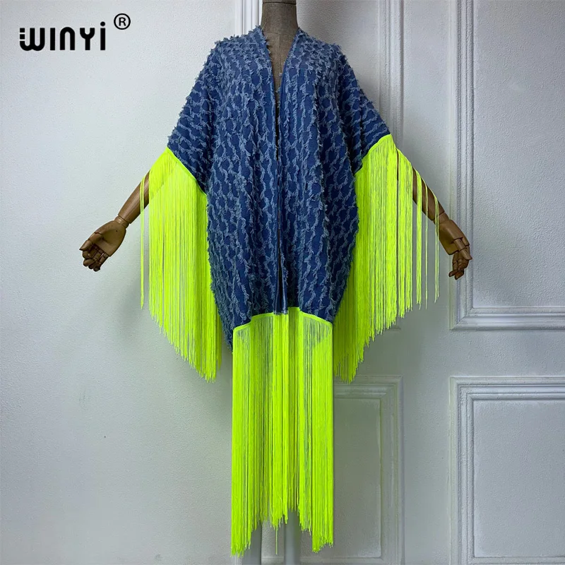 WINYI Denim tassel coat beach cover-up summer outfits for women Elegant fashion Cardigan sexy Holiday print maxi dress