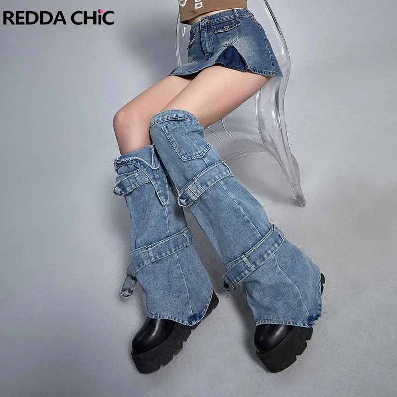 

REDDACHiC Grunge Punk Belt Leg Warmers Women Acubi Fashion Thigh-high Sock Cuffs Girl Topper Leggings Denim Blue Boots Cover