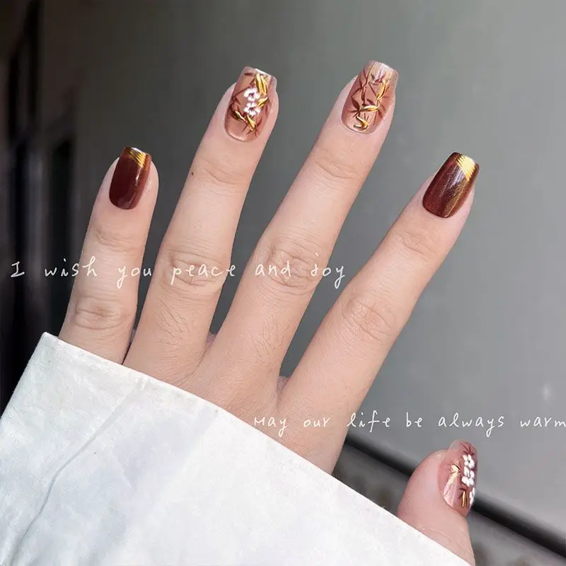 10 قطعة نمط الأوراق والزهور الأظافر وهمية عين القط انفصال Chinoiserie مسمار نصائح قابلة لإعادة الاستخدام البني قصيرة مربع الأظافر كاذبة