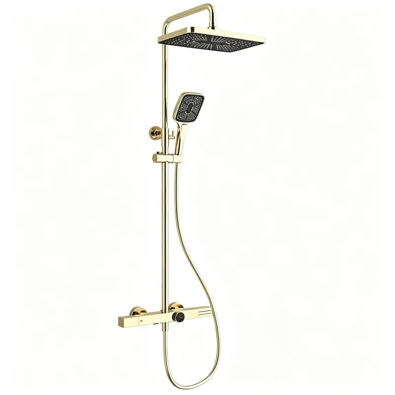Rose Gold Thermostatic Rainfall Shower System Dual Handle Brass Chrome Bathroom Faucet with Soft Jet Spray and Slide Bar