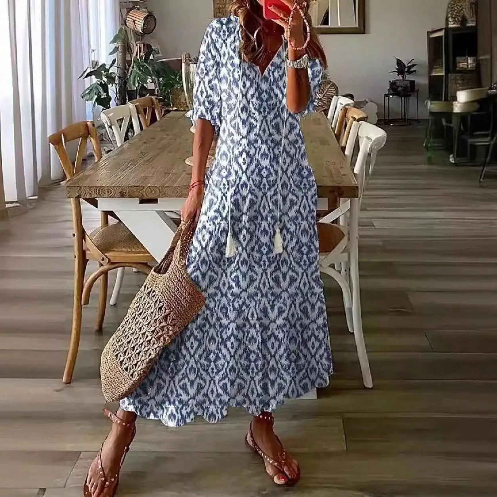 

2026 European And American Bestseller Casual Sweet Loose V-Neck Printed Fringed Mid-Sleeve Long Dress For Women