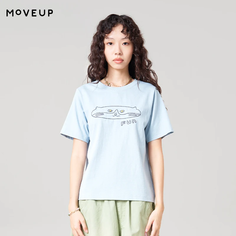 MOVEUP Short Sleeved Round Neck T-Shirt 2026 Summer New Cat Face Letter Embroidered Personalized Casual Tees For Women 3ELX10550