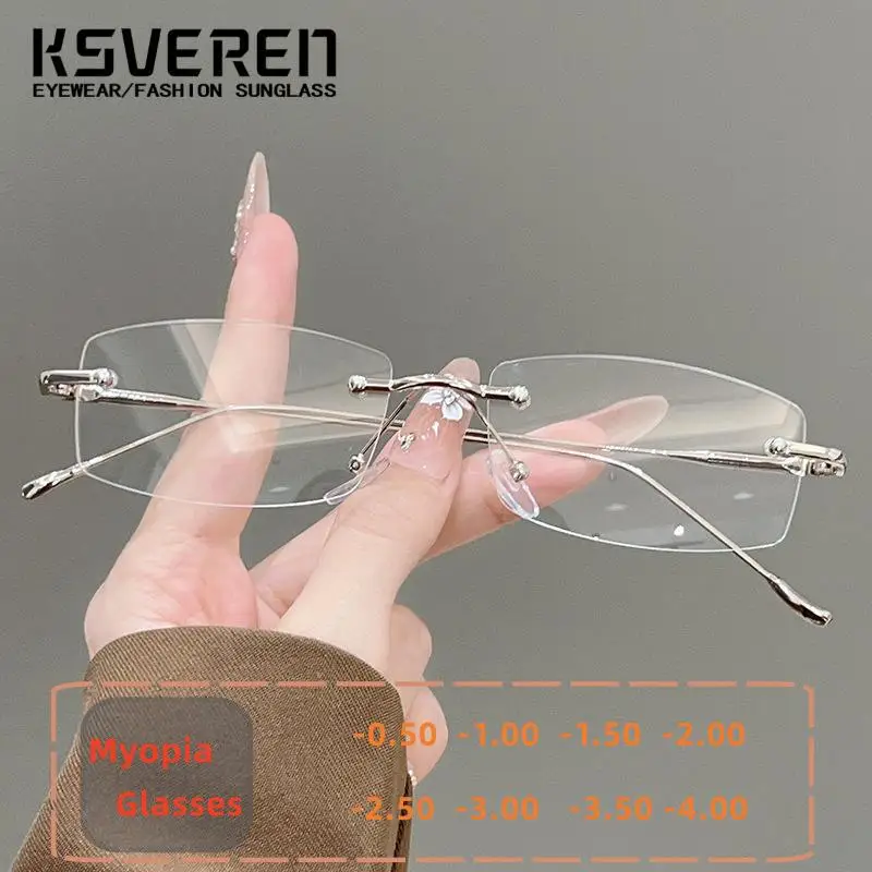 Retro Metal Square Boundless Frame Blue Light Blocking Myopia Glasses Men Women Anti Fatigue Prescription Computer Eyeglasses