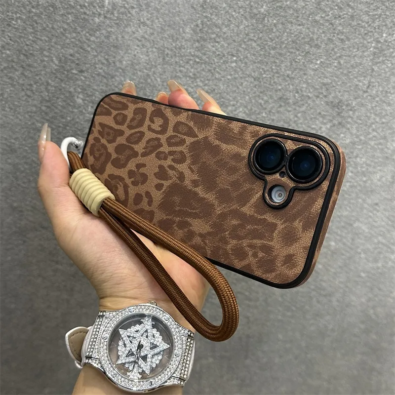 Cartoon Leopard Print Lanyard Leather Case for iPhone 16 15 Pro Max 14 Plus 13 11 12 Hand Wrist Strap Lens Protector Matte Cover