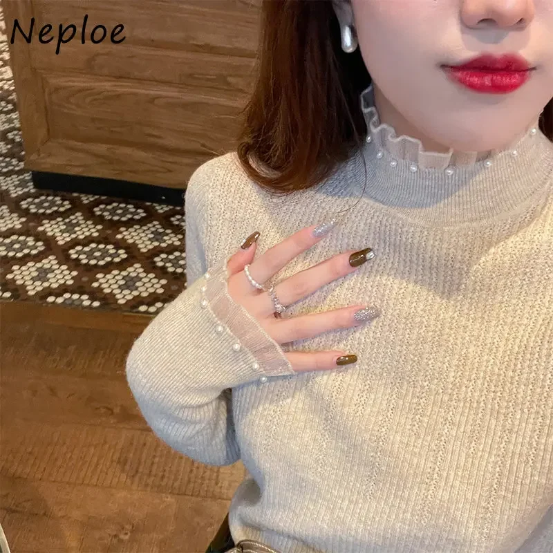 Neploe Y2k Autumn Vintage Turtleneck Jersey Mujer Jumpers Mesh Patchwork Solid Color Pull Femme Beading Long Sleeve Sweaters