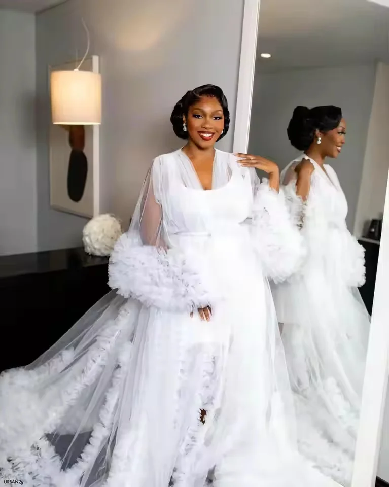 White Puffy Bridal Wedding Robe Customized Tulle Maternity Dress Nightgown Long Sleeves Ruffles Sleepwear Custmized Pajamas