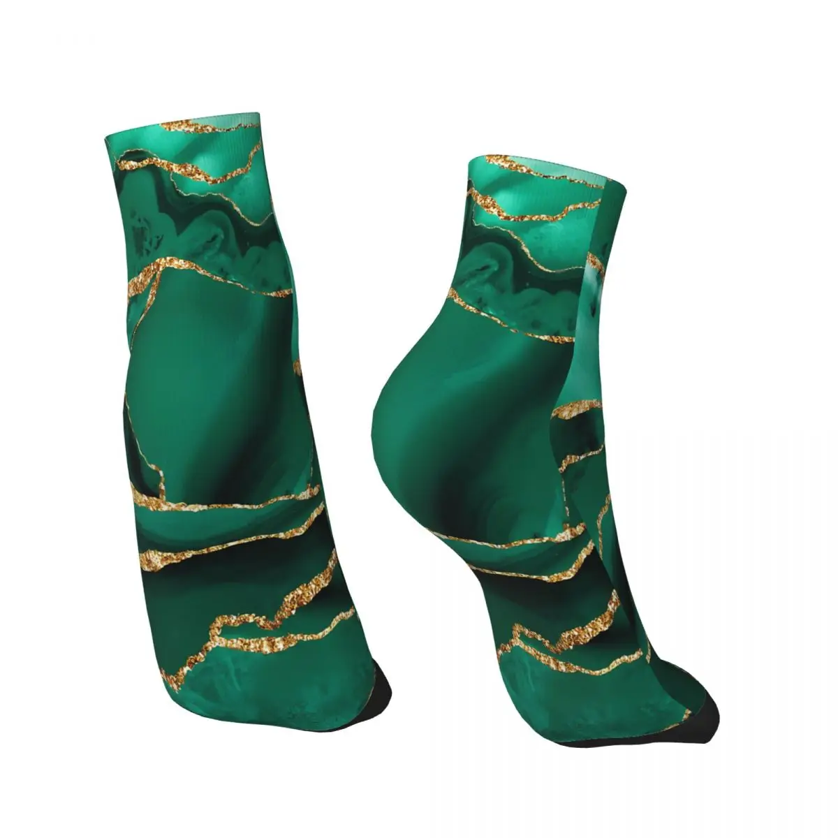 Emerald Green Malachite Faux Marble With Gold Glitter Ankle Socks Male Mens Women Summer Stockings Polyester