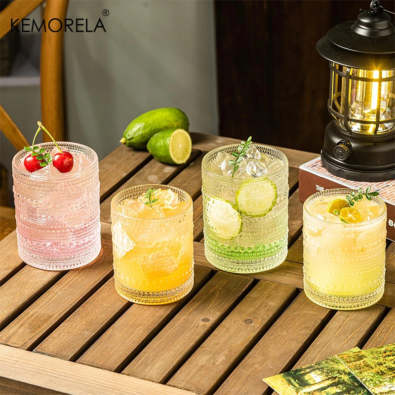 4PCS 250ML Hobnail Iced Beverage Goblets Vintage Drinking Glass Cup Wine Soda Juice Glassware set for Parties Bars