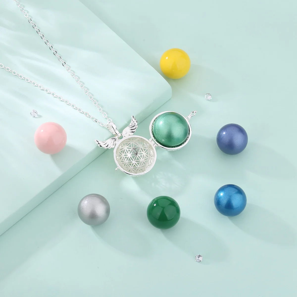 Eudora 20mm Harmony Ball Wing Tree of Flower Pendant Pregnancy Bola Angel Caller Baby Wishing Chime Ball Necklace Women Jewelry