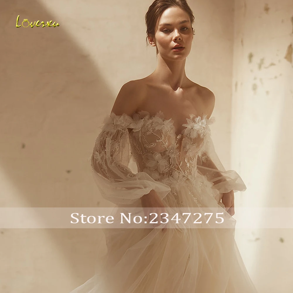 Loverxu A-Line Chic Wedding Dresses 2024 Strapless Puff Long Sleeve Vestido De Novia Appliques Flowers Illusion Robe De Mariee