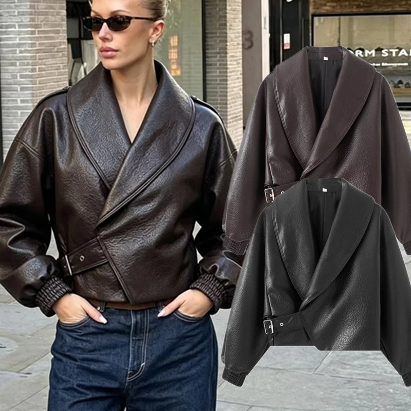 Maxdutti British Retro Women's Autumn Long Sleeved Lapel Pu Leather Buckle Leather Jacket Women's Jacket Woman Clothes Tops