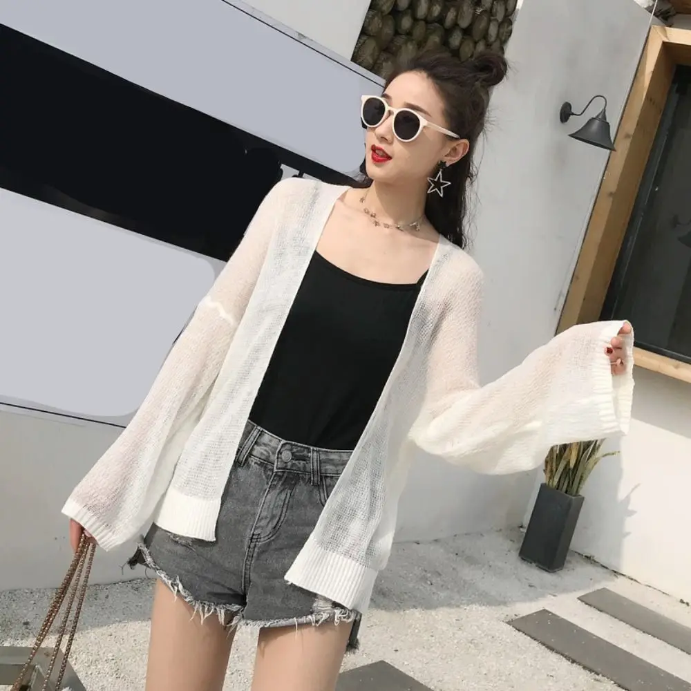 

Korean See Through Hollow Crochet Cardigan Long Sleeves Loose Knitted Crochet Top Beach Wear Shawl Sun Protection Top Beach