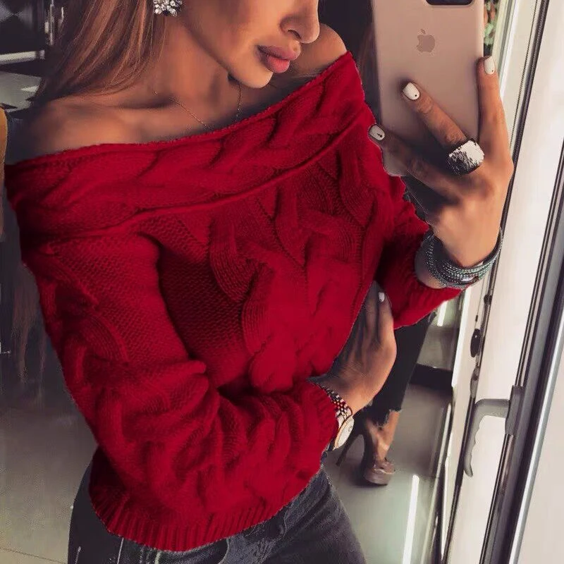 Women Slash Neck Knit Tops Autumn and Winter New Fashion Off Shoulder Sweater Long Sleeve Twists Pullover Loose Clothes 28580