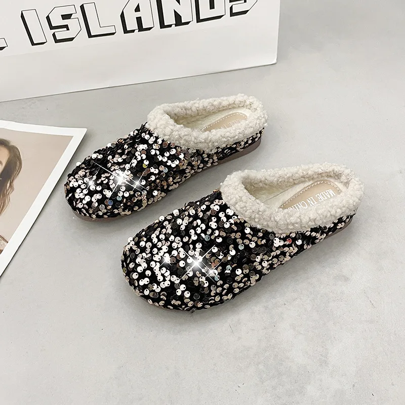 

2026 Winter Sequined Cotton Slippers Fashionable, Beautiful with Unique Style Comfortable and Casual Flat Shoes for Women