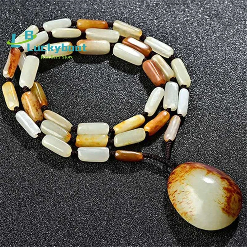 

Xinjiang Hetian Jade Seed Raw Stone Sweater Chain With Red Leather Men's And Women's Necklace Pendant