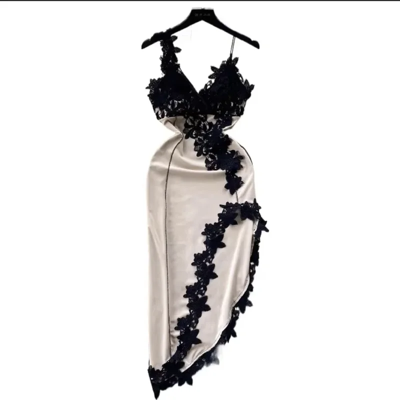 

Foamlina Sexy Floral Lace Suspender Dress for Women Fashion Summer V Neck Sleeveless High Waist Slim Split Irregular Party Dress