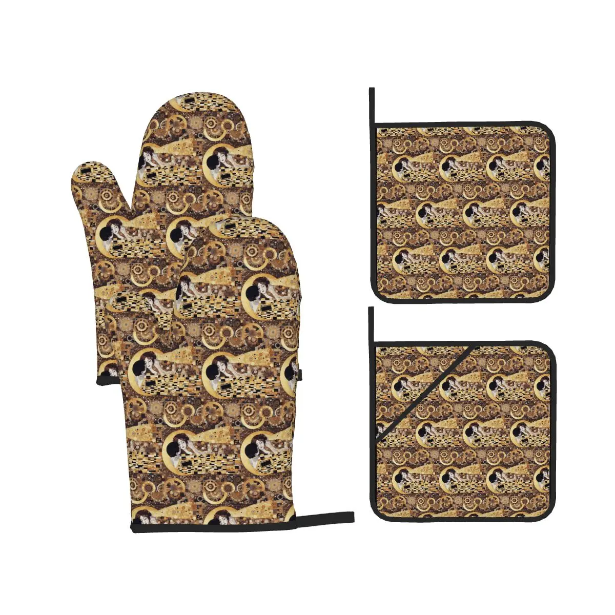 Gustav Klimt The Kiss Abstract Freyas Art Oven Mitts and Pot Holder Sets of 4 for Baking Cooking BBQ Resistant Non-Slip Gloves